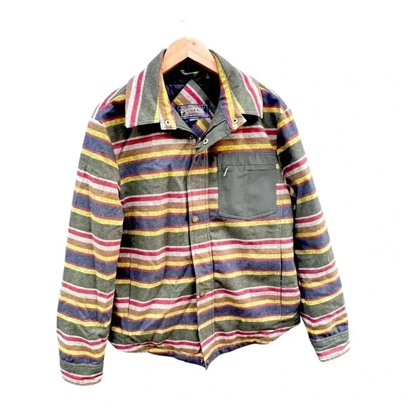 Men’s Pendleton Full Zip Botton Snap Striped Blanket Jacket Green/Brown Size M - Picture 1 of 15